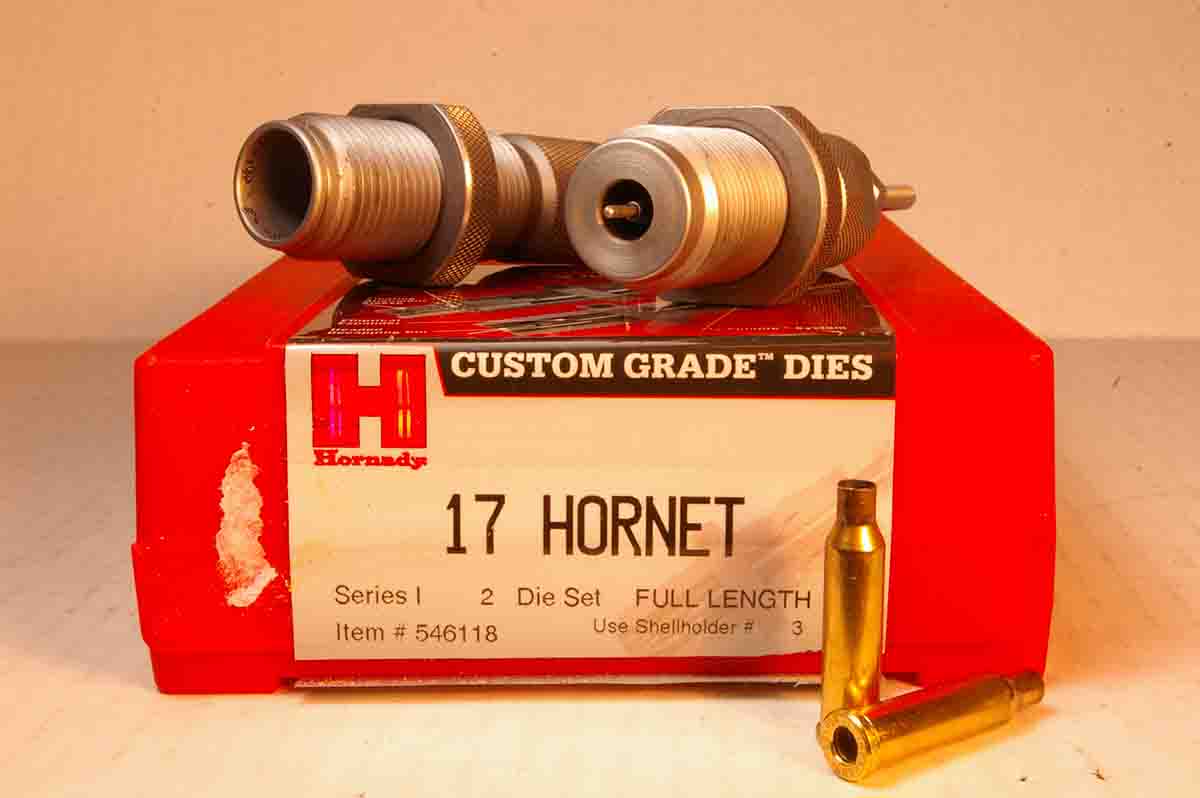 Hornady dies were used to handload cartridges for the .17 Hornet. Backing the sizing die a partial turn from contacting the shellholder on the press set headspace on the case shoulder instead of on the cartridge rim.